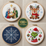 Set of four Christmas embroidery hoops showcasing a nativity scene, cute reindeer, modern snowflake, and festive Grinch character, arranged with a central badge reading “100+ Patterns.” A diverse Christmas embroidery pattern collection.
