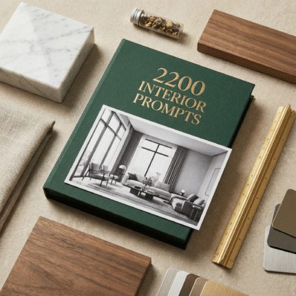A dark-green hardcover book titled “2200 Interior Prompts” placed on a neutral design board surrounded by marble, fabric swatches, wooden samples, metal finish cards, and a gold ruler, styled like an interior designer’s concept workspace.