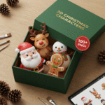 A green gift box filled with cute 3D Christmas characters including Santa, a reindeer, a snowman, and a gingerbread man. Surrounded by pinecones, paintbrushes, and a tablet preview, showcasing a bundle of over 100+ Christmas character PNGs.