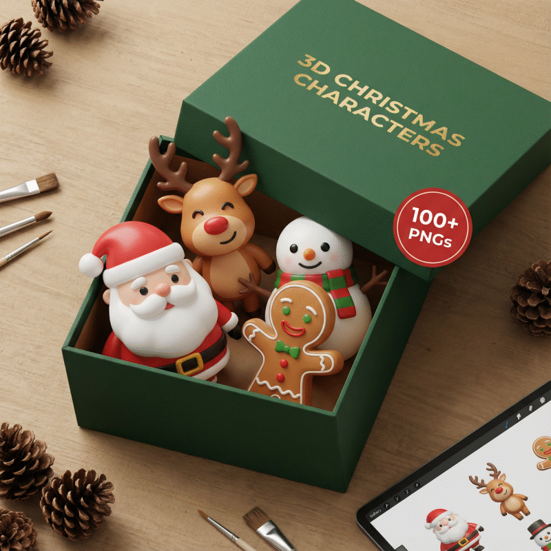 A green gift box filled with cute 3D Christmas characters including Santa, a reindeer, a snowman, and a gingerbread man. Surrounded by pinecones, paintbrushes, and a tablet preview, showcasing a bundle of over 100+ Christmas character PNGs.