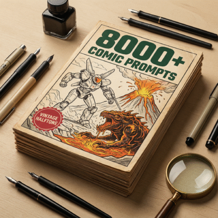 A vintage-style comic book cover titled “8000+ Comic Prompts,” featuring a retro robot battling a fire-breathing creature near an erupting volcano. Surrounded by ink pens, brushes, and a magnifying glass on a wooden desk.