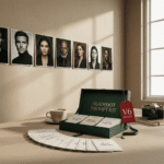 A premium green box labeled “Headshot Prompt Kit” displayed on a desk alongside neatly arranged prompt cards, a coffee cup, a vintage camera, and a wall of diverse professional headshots. A tag reads “V6 Ready,” highlighting advanced AI headshot prompts for portrait creation.
