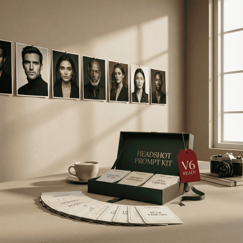 A premium green box labeled “Headshot Prompt Kit” displayed on a desk alongside neatly arranged prompt cards, a coffee cup, a vintage camera, and a wall of diverse professional headshots. A tag reads “V6 Ready,” highlighting advanced AI headshot prompts for portrait creation.