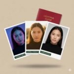 Three portrait examples of the same woman under different lighting styles—cinematic neon, natural sunlight, and studio softbox—displayed with a red booklet labeled “Lighting Guide.” Demonstrates how AI headshot prompts control lighting variations.