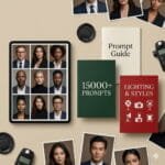 Flatlay of an iPad displaying a grid of headshots, surrounded by prompt guidebooks labeled “15,000+ Prompts” and “Lighting & Styles,” along with camera gear and printed portraits. A full AI headshot prompts toolkit for professional-grade portraits.