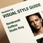 Close-up of a “Visual Style Guide” card listing Rembrandt, Softbox, and Studio Ring lighting styles with sample portrait images. Shows detailed AI headshot prompts for achieving specific professional lighting looks.