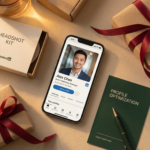 A smartphone displaying a polished LinkedIn profile headshot, surrounded by gift boxes, red ribbons, and a green notebook labeled “Profile Optimization.” A premium setup showcasing AI headshot prompts for profile enhancement and career branding.