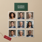 Grid of nine diverse professional headshots representing multiple ethnicities and age groups, under a green header labeled “Diverse Models” with a red tag reading “Global Traits.” Ideal for training or using AI headshot prompts for inclusive portrait output.