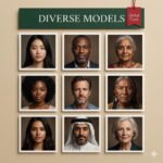 A collection of nine portraits featuring diverse global models styled with neutral backgrounds. A green title card reading “Diverse Models” and a red “Global Traits” tag emphasize inclusivity in AI headshot prompts.