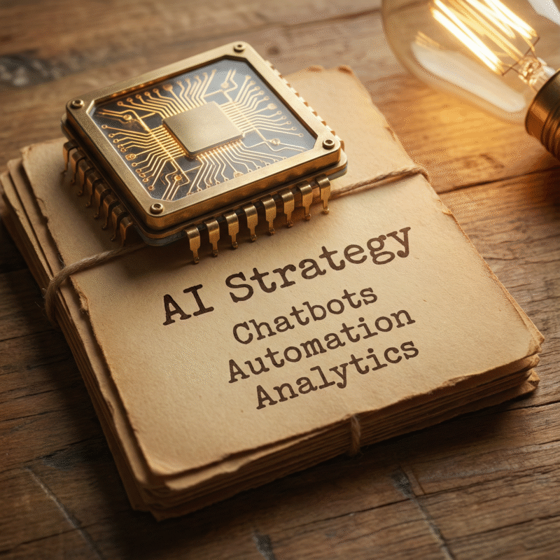 A stack of kraft paper sheets labeled “AI Strategy: Chatbots, Automation, Analytics” sits beneath a golden microchip. A glowing bulb beside it symbolizes innovation and automation in e-commerce technology.
