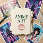 A premium flat-lay image featuring a stack of anime artwork prints, including cherry blossom scenery, neon cyberpunk characters, and classic anime portraits. Showcases a collection of 5000+ avatar prompts for anime art creation.
