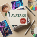 Flatlay of an avatar prompt kit featuring anime-style character prints, futuristic portraits, claymation characters, and color palettes. A central card reads “Avatars – 6000+ Prompts,” showcasing a large collection of anime prompts for digital character design.