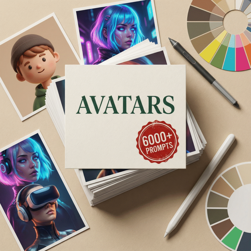 Flatlay of an avatar prompt kit featuring anime-style character prints, futuristic portraits, claymation characters, and color palettes. A central card reads “Avatars – 6000+ Prompts,” showcasing a large collection of anime prompts for digital character design.