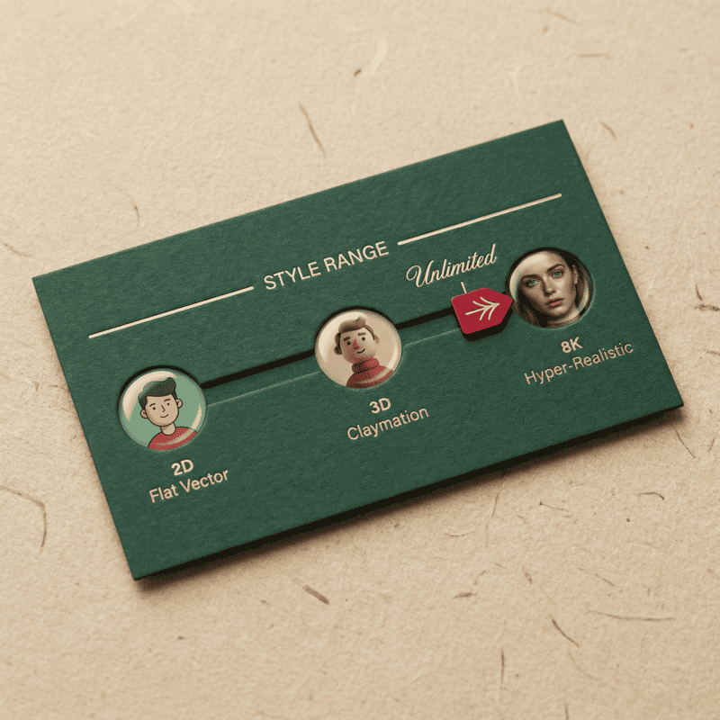 A green style spectrum card displaying character examples in 2D flat vector, 3D claymation, and 8K hyper-realistic anime styles. A slider labeled “Unlimited” highlights the wide stylistic range supported by anime prompts.