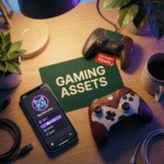 Gaming desk setup with controllers, a smartphone showing a neon-anime avatar, plants, cables, and a green card labeled “Gaming Assets – Stream Ready.” A showcase of anime prompts used for creating gaming avatars and stream graphics.