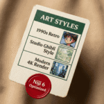 A style reference card displaying three avatar art styles—1990s retro anime, Studio Ghibli illustration, and modern 4K digital render—optimized for avatar prompts and character design workflows.