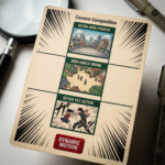 A composition guide card illustrating anime panel techniques such as ultra-wide fisheye, high-angle drone, and Dutch tilt action, tailored for creating dynamic scenes using avatar prompts.