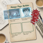 A manga page builder sheet showing panel frames, sketch notes, and anime character expressions. Designed as a template for artists using avatar prompts to create manga-style pages.