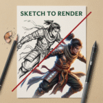A split-page visual showing a rough pencil sketch of a warrior transitioning into a fully rendered digital character. Used to demonstrate sketch-to-render workflow for avatar prompts and character creation.