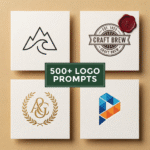 A grid of four diverse logo designs including a minimalist mountain wave logo, vintage craft brew badge, monogram crest, and geometric shape icon with a green label reading “500+ Logo Prompts.”