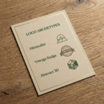 A branding reference sheet showing logo archetypes including minimalist line art, vintage badge, and abstract 3D cube icon styles on textured cream paper with gold border accents.