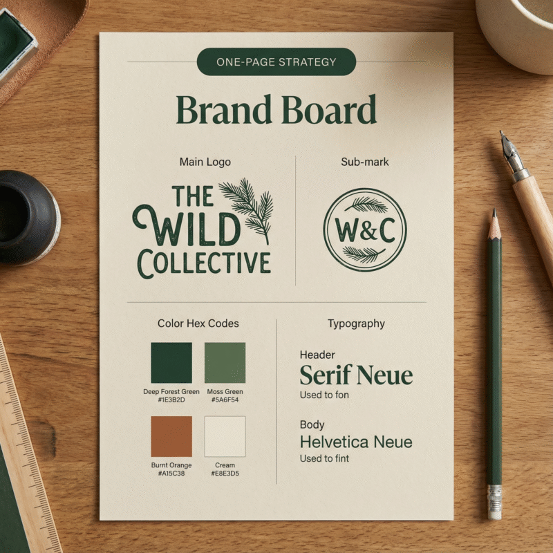 A one-page brand board layout featuring a main logo, sub-mark, color hex codes, and typography selections (“Serif Neue” and “Helvetica Neue”) arranged neatly on a desk with pencils and a ruler.