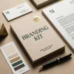 A professional flatlay showcasing a complete business branding kit, including a beige “Branding Kit” booklet, stationery, business card, brand colors, and a fountain pen arranged neatly on a minimalist workspace.