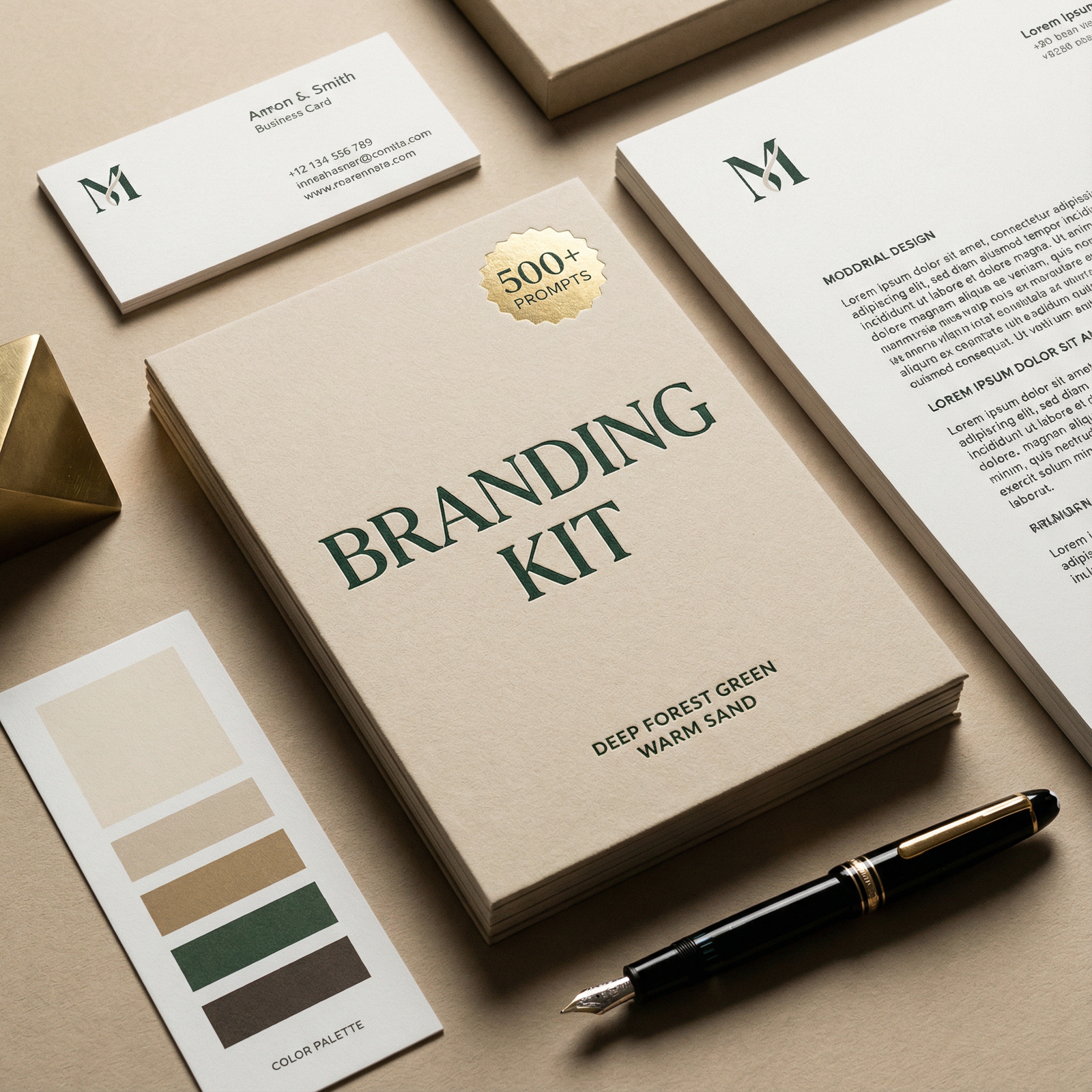 Business Branding Kit — Premium Visual Identity System Layout A professional flatlay showcasing a complete business branding kit, including a beige “Branding Kit” booklet, stationery, business card, brand colors, and a fountain pen arranged neatly on a minimalist workspace.