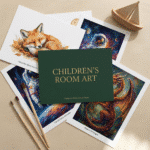 A set of whimsical children’s art prints including a watercolor fox, space astronaut, and magical dragon arranged around a green booklet labeled “Kid’s Room Art Prompts.”