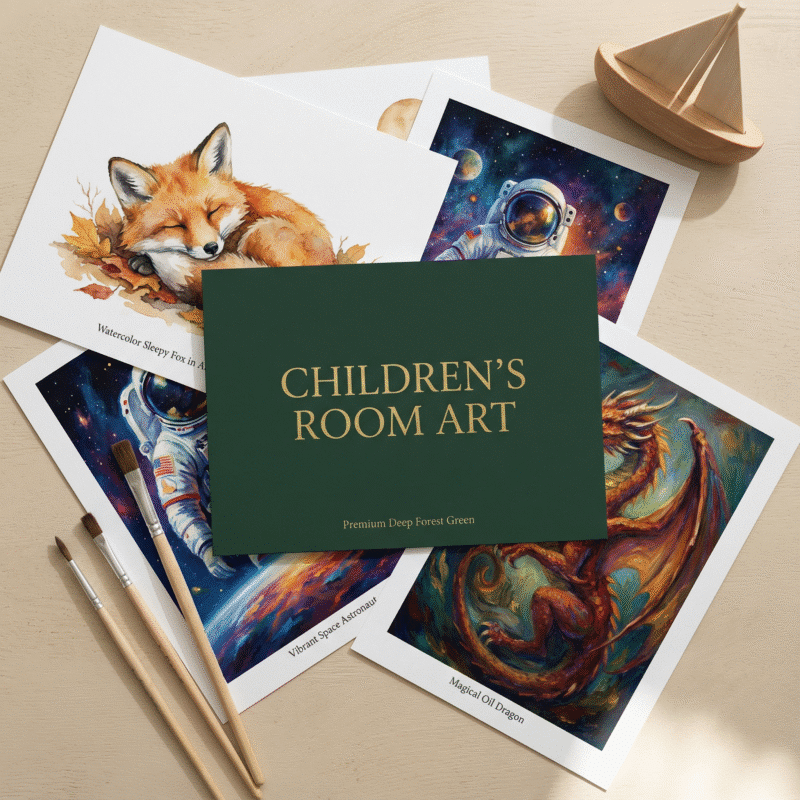 A set of whimsical children’s art prints including a watercolor fox, space astronaut, and magical dragon arranged around a green booklet labeled “Kid’s Room Art Prompts.”