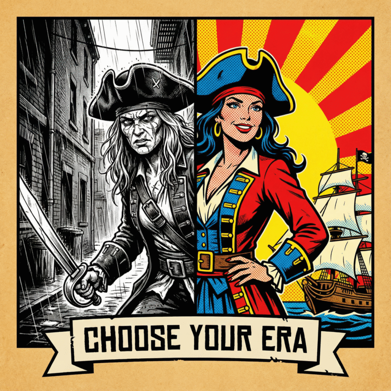 A dramatic split-screen comic artwork showing a gritty black-and-white pirate on the left and a colorful pop-art pirate on the right, with a bright rising sun background and sailing ship. Caption reads “Choose Your Era.”