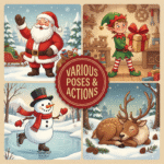 A green gift box filled with cute 3D Christmas characters including Santa, a reindeer, a snowman, and a gingerbread man. Surrounded by pinecones, paintbrushes, and a tablet preview, showcasing a bundle of over 100+ Christmas character PNGs.