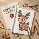 A festive table filled with Christmas coloring pages, colored pencils, holiday cookies, pinecones, hot chocolate, and an open Christmas Coloring Book. A lit fireplace and Christmas tree in the background create a warm Christmas Eve atmosphere perfect for kids’ coloring activities.