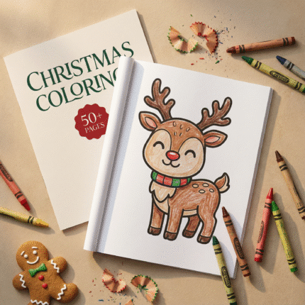 A festive table filled with Christmas coloring pages, colored pencils, holiday cookies, pinecones, hot chocolate, and an open Christmas Coloring Book. A lit fireplace and Christmas tree in the background create a warm Christmas Eve atmosphere perfect for kids’ coloring activities.