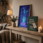 Cozy interior scene featuring a framed glowing winter forest digital artwork on a wooden table beside a green box labeled “300+ Digital Backgrounds.” Decor includes a candle and small evergreen plant, showcasing atmospheric Christmas digital art for home or TV display.