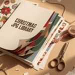 Stack of high-quality Christmas digital art JPG sheets featuring ornaments, Santa illustrations, and holiday patterns, styled with scissors, ribbon, and craft tools. A creative flatlay highlighting a Christmas digital art print library.