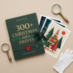 Flatlay of a premium green box labeled “300+ Christmas Art Prints” tied with a ribbon, surrounded by printed Christmas digital art pieces, magnifying glasses, and white gloves. A high-end presentation showcasing a large Christmas digital art bundle.