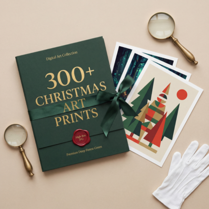 Flatlay of a premium green box labeled “300+ Christmas Art Prints” tied with a ribbon, surrounded by printed Christmas digital art pieces, magnifying glasses, and white gloves. A high-end presentation showcasing a large Christmas digital art bundle.