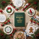 Flatlay of Christmas embroidery hoops featuring festive designs like wreaths, cardinals, and snowmen, arranged with colorful threads, needles, scissors, and a green “Beginner to Expert Guide” book, showcasing a premium Christmas Embroidery craft setup.