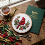 Cozy craft scene with a detailed hand-stitched red cardinal Christmas embroidery hoop, embroidery floss bundles, needles, scissors, a cup of tea, and a green book titled “100+ Hand Embroidery Patterns,” arranged on a rustic wooden table.