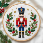 A detailed Christmas embroidery hoop featuring a colorful Nutcracker surrounded by stitched holly leaves, berries, and gold stars, styled with holiday greenery. A premium Christmas embroidery pattern for seasonal crafting.