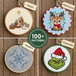 A grid of Christmas embroidery hoops displaying a nativity scene, whimsical reindeer, modern snowflake, and character design, each labeled by style and paired with a “100+ Patterns” badge. A versatile Christmas embroidery collection.