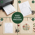 Four-step Christmas embroidery guide showing how to print, cut, tape, and stitch a tote bag pattern. The final tote bag features colorful floral embroidery, demonstrating an easy Christmas embroidery transfer process.