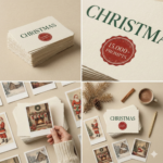 Glass jar filled with rolled Christmas prompt scrolls tied with twine, displayed alongside nostalgic Christmas prints and dried orange slices, representing the Christmas Image Prompts jar edition.