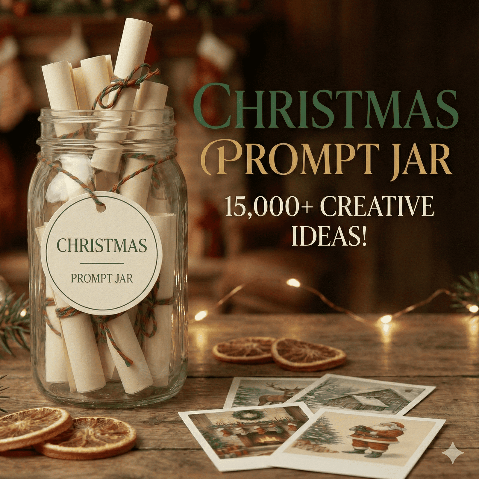 Christmas Image Prompts Scroll Jar – Festive Prompt Container Aesthetic flatlay of Christmas prompt cards displayed with vintage holiday illustrations, cozy décor elements, and textured cream paper, showcasing the Christmas Image Prompts collection.