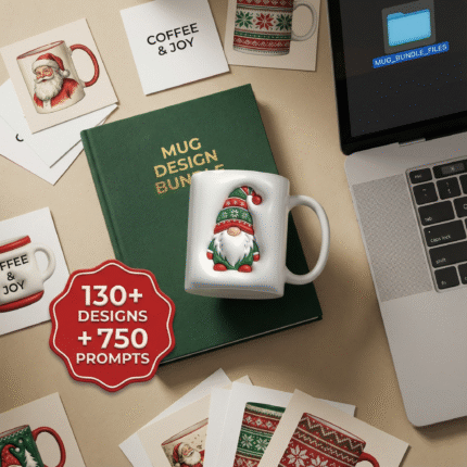 Flatlay of a Christmas mug design bundle showing a festive gnome mug, printed mug design cards, a green “Mug Design Bundle” book, laptop workspace, and a badge reading “130+ Designs + 750 Prompts” — Christmas mug bundle preview.
