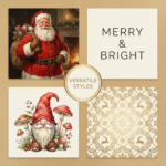 Grid of Christmas mug design styles featuring Santa art, a festive gnome illustration, and a gold holiday pattern, with “Merry & Bright” text and “Versatile Styles” badge — Christmas mug artwork preview.