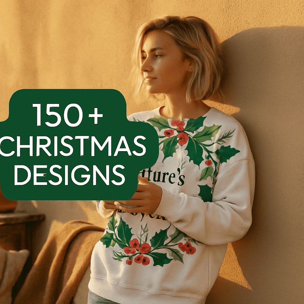 Christmas Sweatshirt Designs – Cozy Holiday Holly Print Sweater A young woman in golden sunset light wearing a white Christmas sweatshirt decorated with holly leaves and red berries, holding a warm drink while leaning against a stucco wall. A green badge reads “150+ Christmas Designs,” showcasing premium Christmas sweatshirt designs in a relaxed outdoor setting.