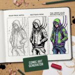A sketchbook showing a three-step comic art transformation: rough pencil sketch, bold black inking, and vibrant halftone color. Surrounded by pencils, ink splatters, and shavings on a wooden tabletop.