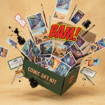 A dramatic composition of a green box labeled “Comic Art Kit” bursting open with illustrated comic cards, paintbrushes, ink bottles, and action elements. A bright “BAM!” graphic pops above.